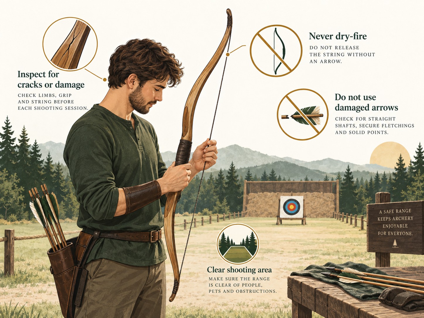 Archer inspecting a traditional bow before shooting at a safe range