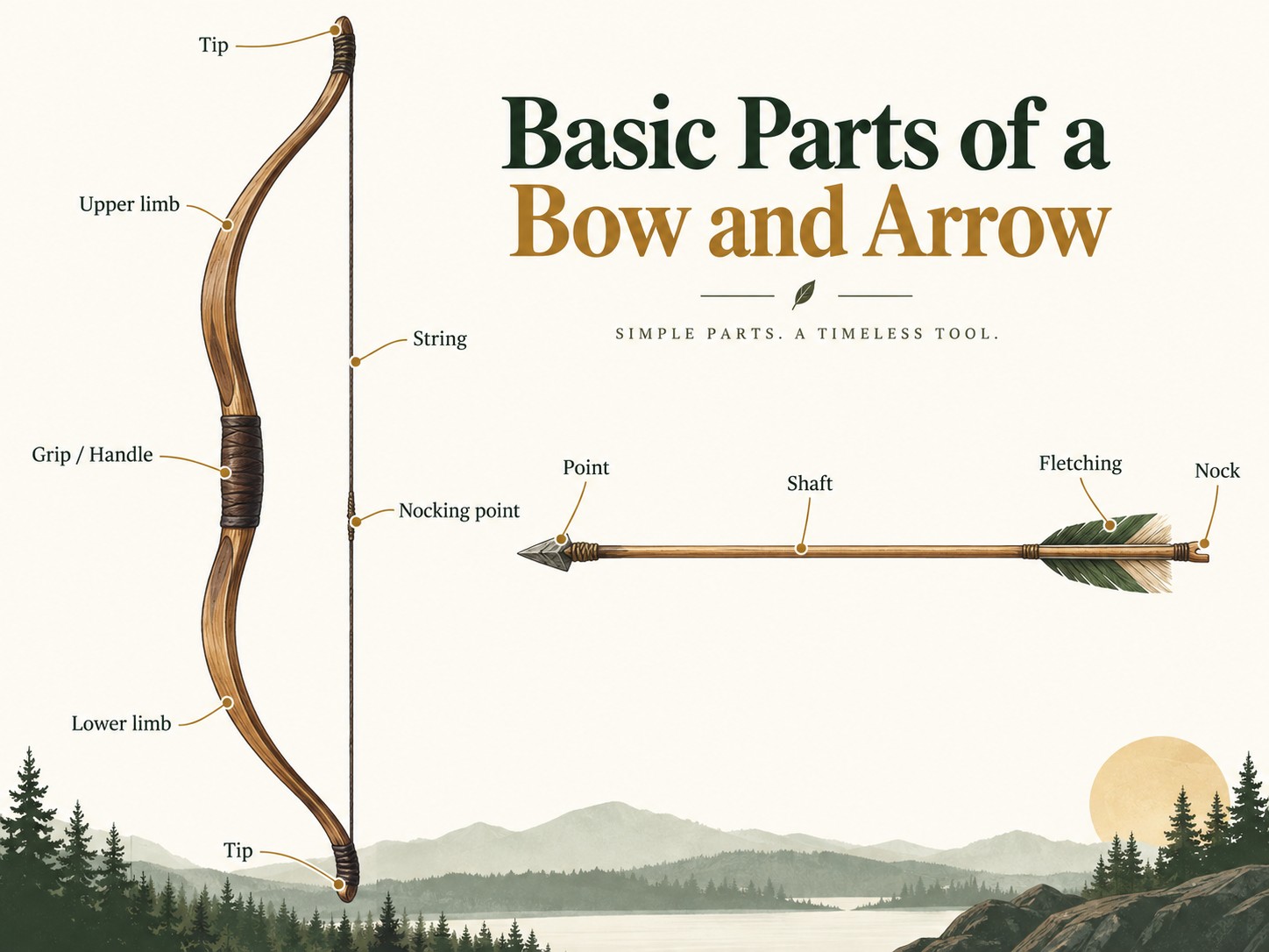 Basic parts of a traditional bow and arrow labeled for beginners