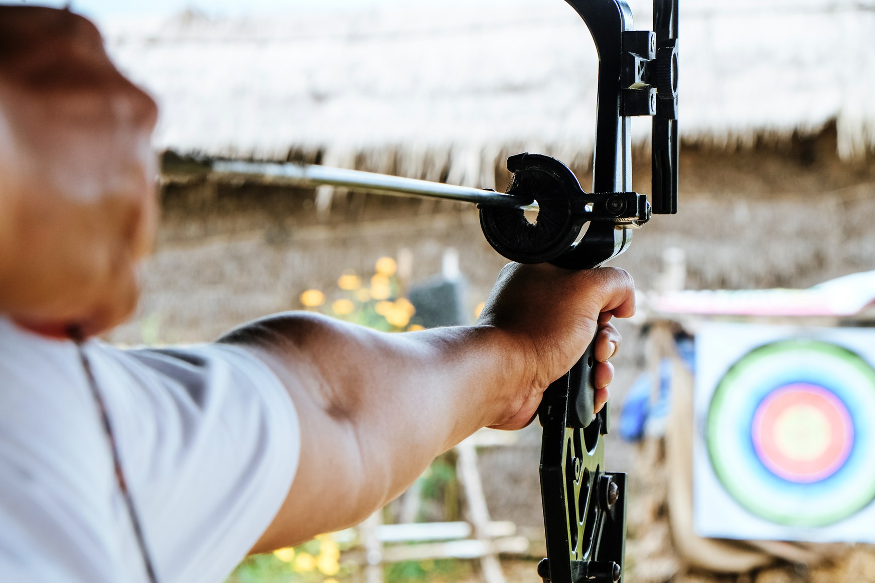 Archer practicing with a compound bow on a 3D archery course
