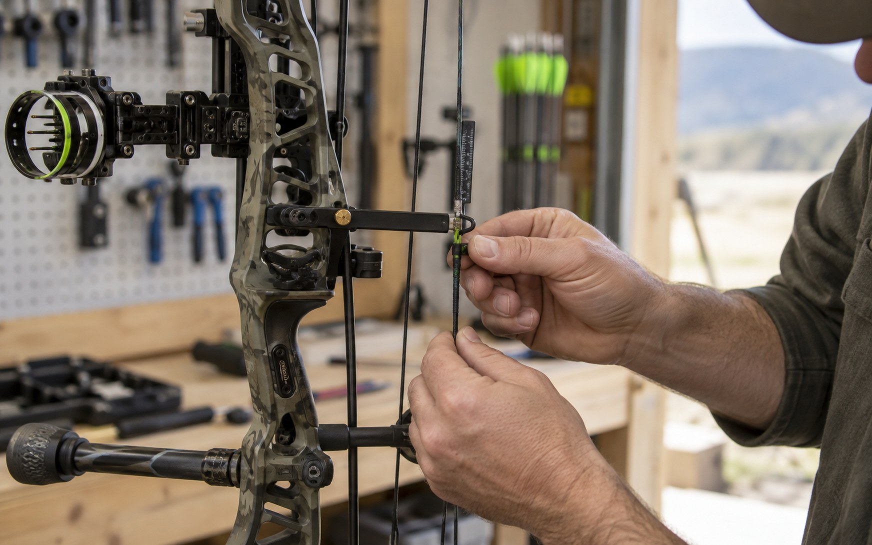 Close-up of compound bow setup and adjustment