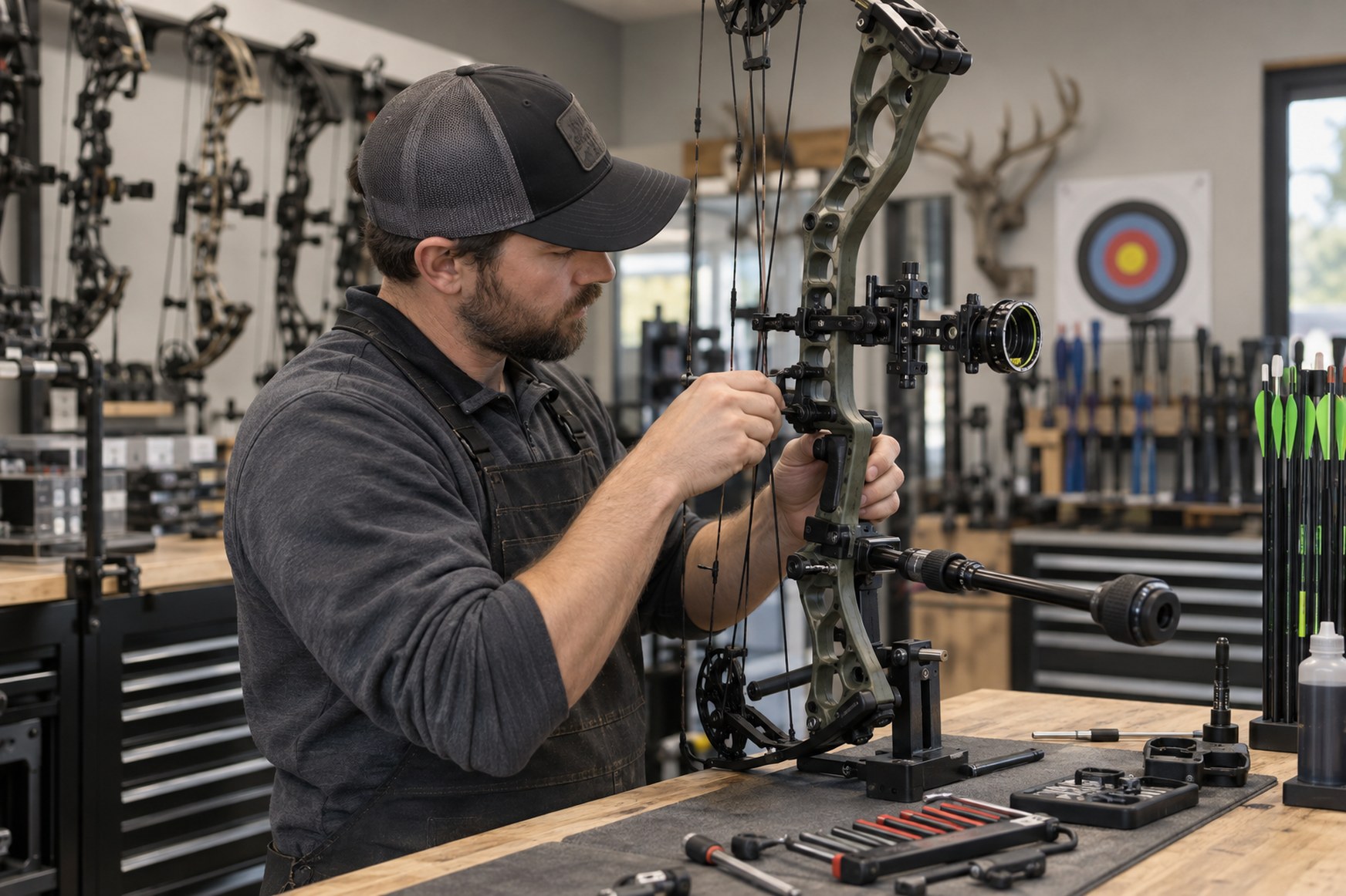 Archery technician setting up a compound bow at a workbench