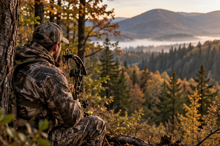 Bowhunter waiting quietly in a forest with bow held at rest
