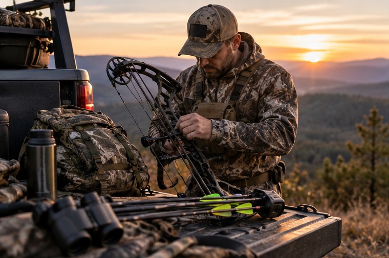 Bowhunter inspecting compound bow and equipment before heading into the field