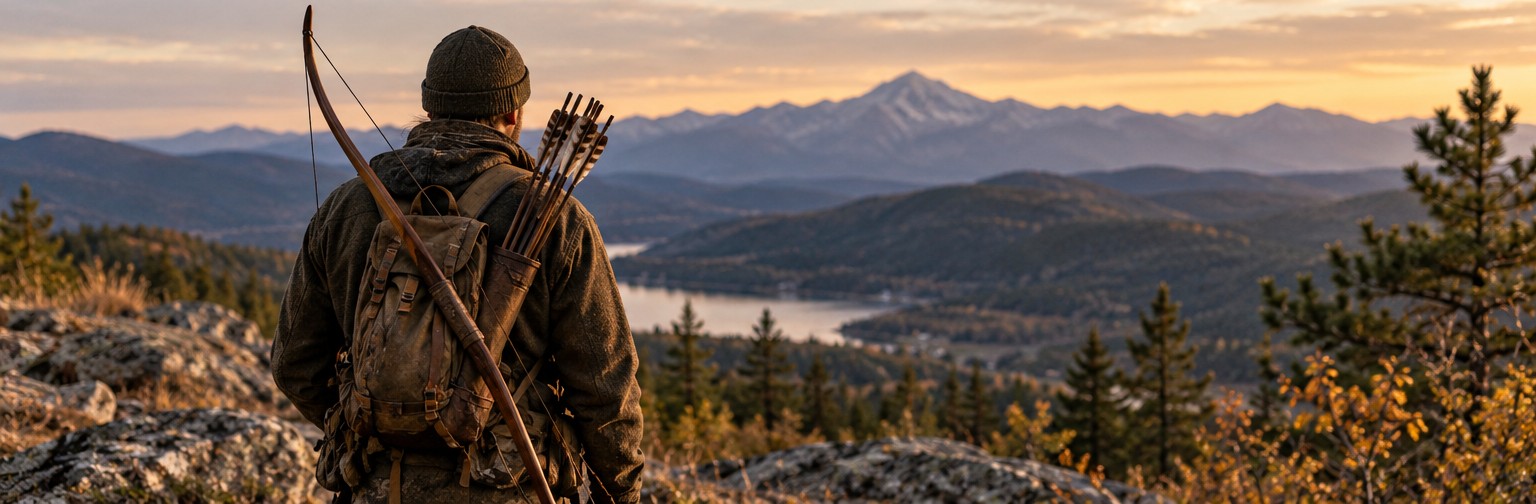 Traditional bowhunter overlooking a mountain landscape with longbow and arrows