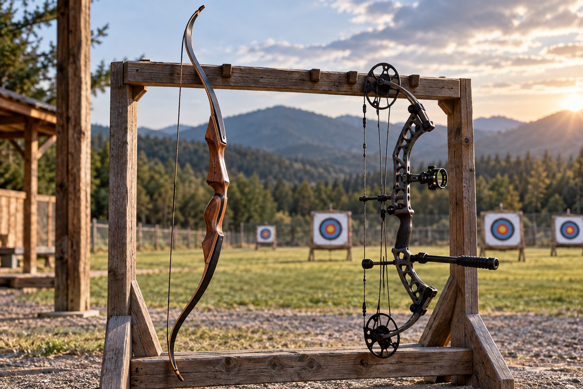 Recurve and compound bows side by side