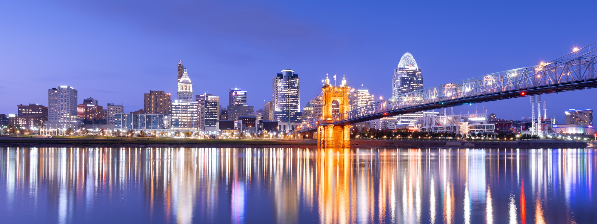Cincinnati skyline and Roebling Suspension Bridge over the Ohio River