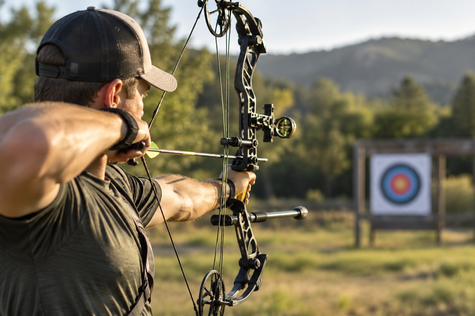 Archer aiming a compound bow at an outdoor target