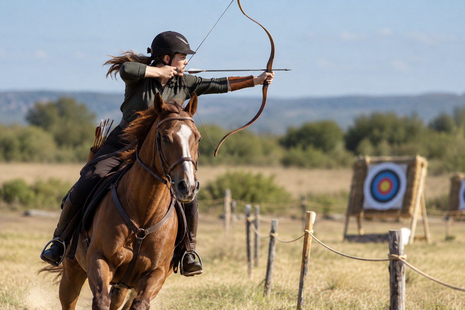 Horseback archer shooting a traditional bow while riding