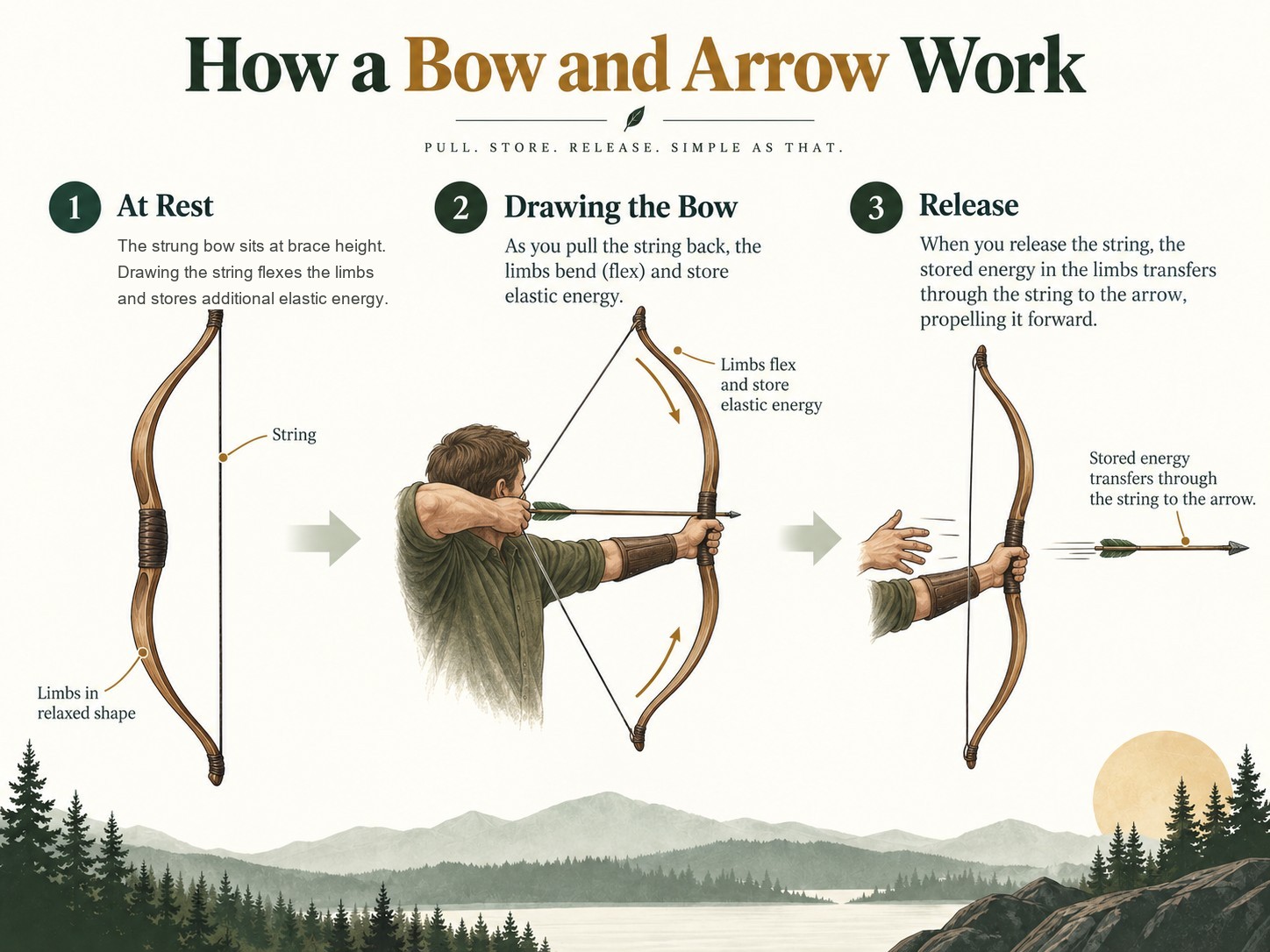 Illustration showing a bow at rest, drawn, and releasing an arrow