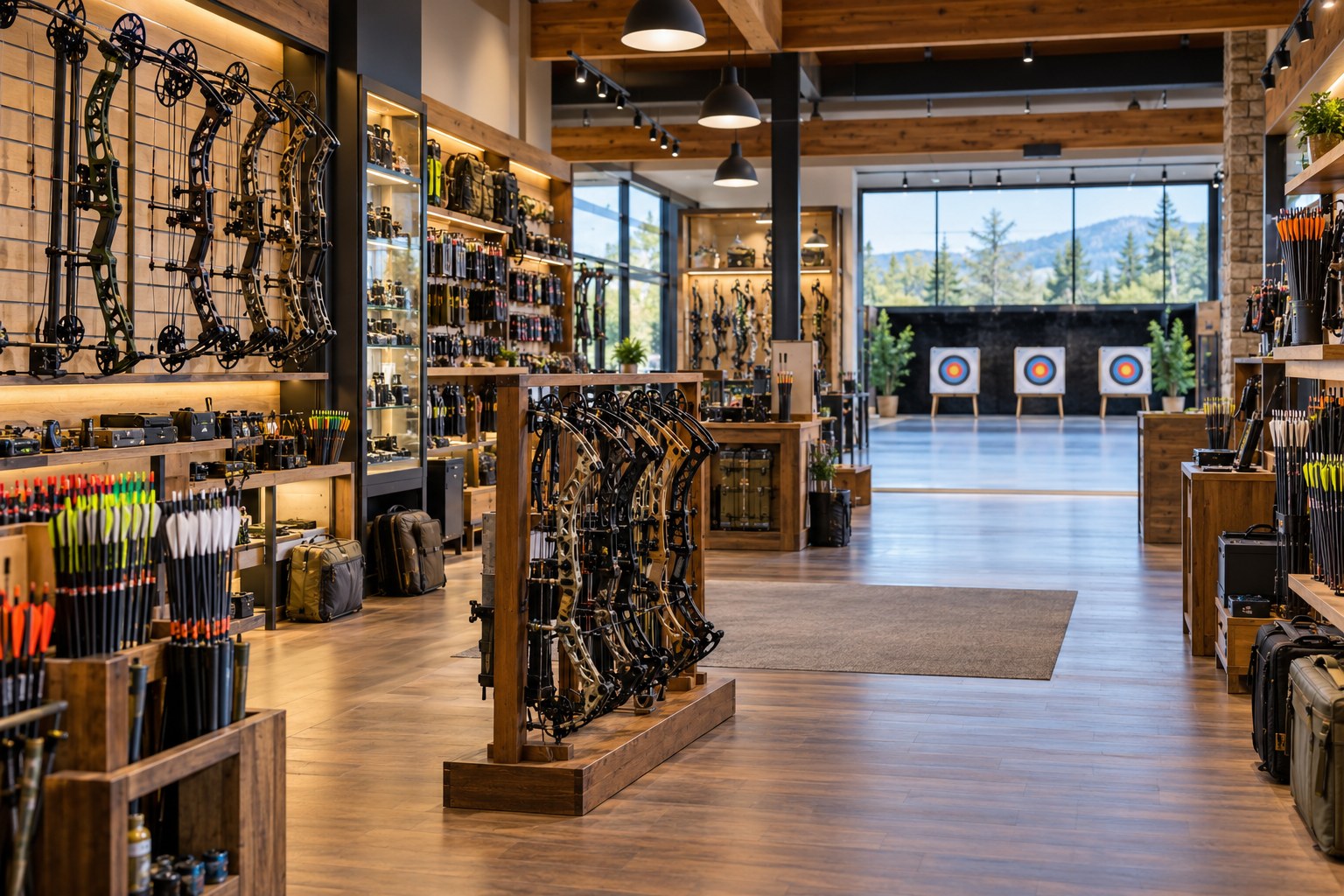Archery equipment in a retail setting — editorial illustration