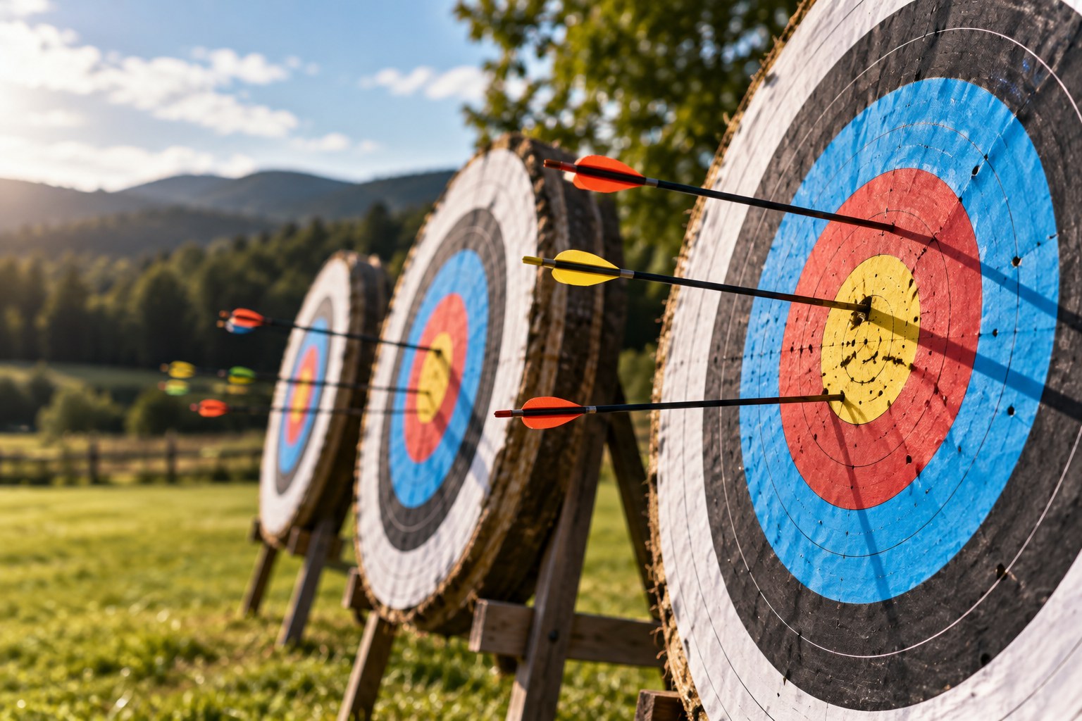 Archery targets with arrows at an outdoor range